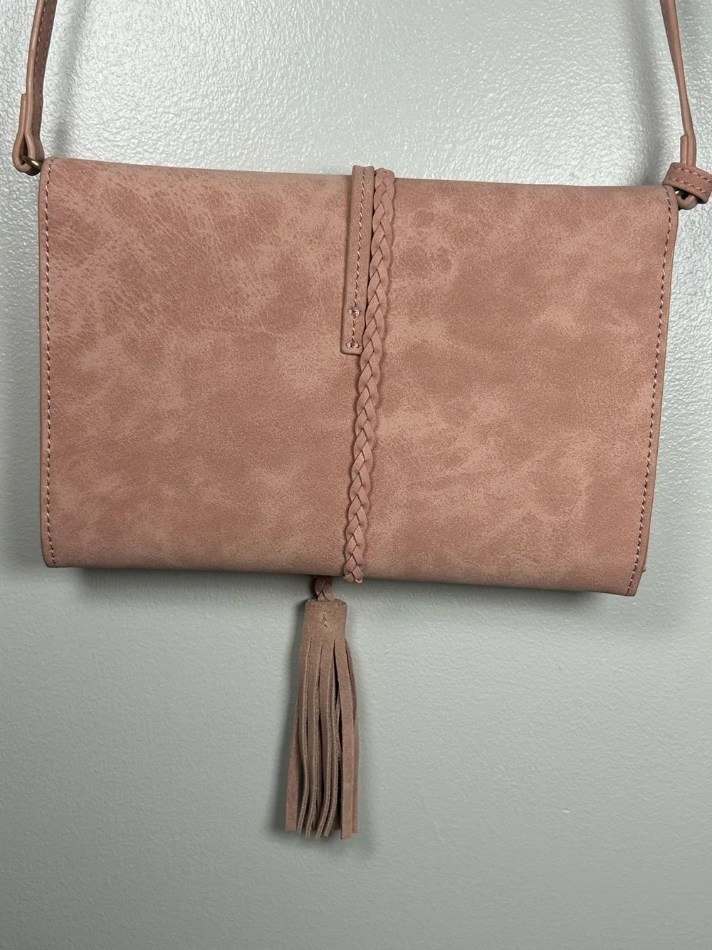Anthropologie Envelope Suede Crossbody Boho Tassel Bag Pink